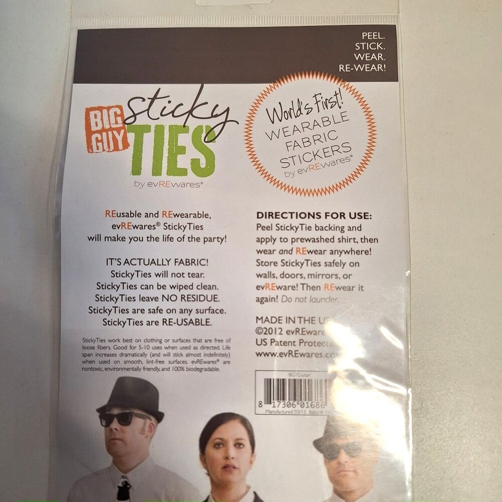 Guitar Fabric Big Guy Sticky Ties Peel Stick Sticker Tie 11" evREwares - Picture 6 of 8